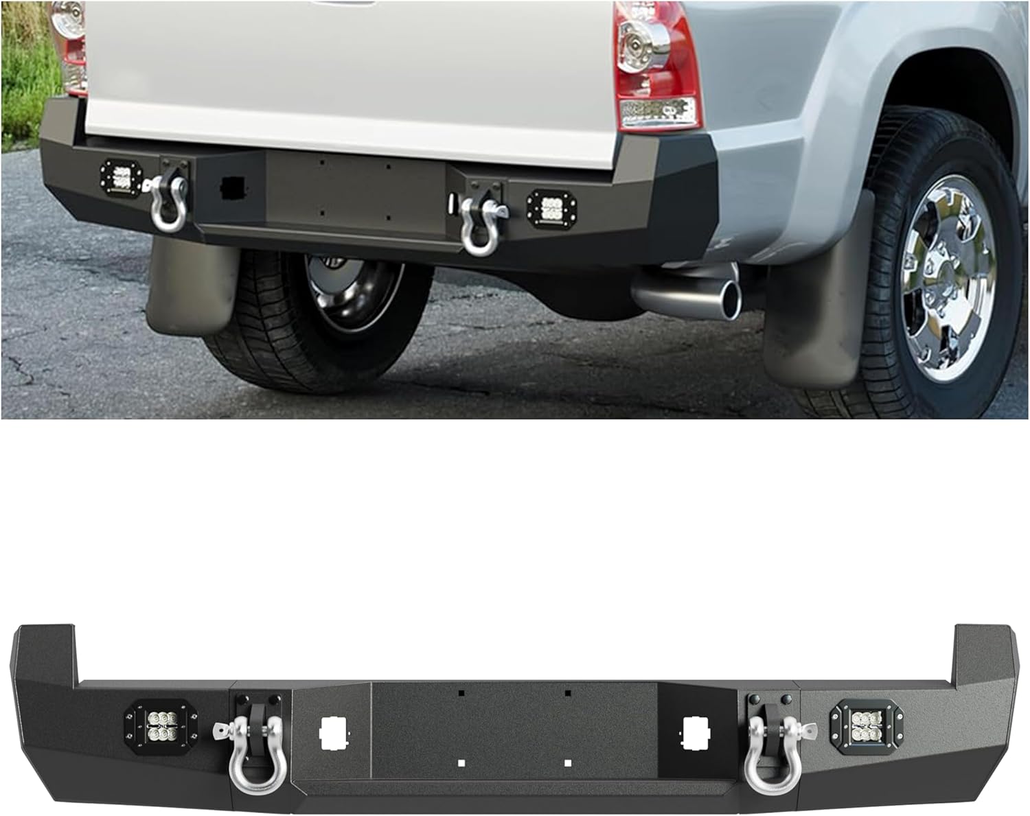 Aaiwa Offroad Steel Rear Bumper For Toyota Tacoma 2005-2015 - With LED Lights & D-Rings, Black Powder Coat, No Drill