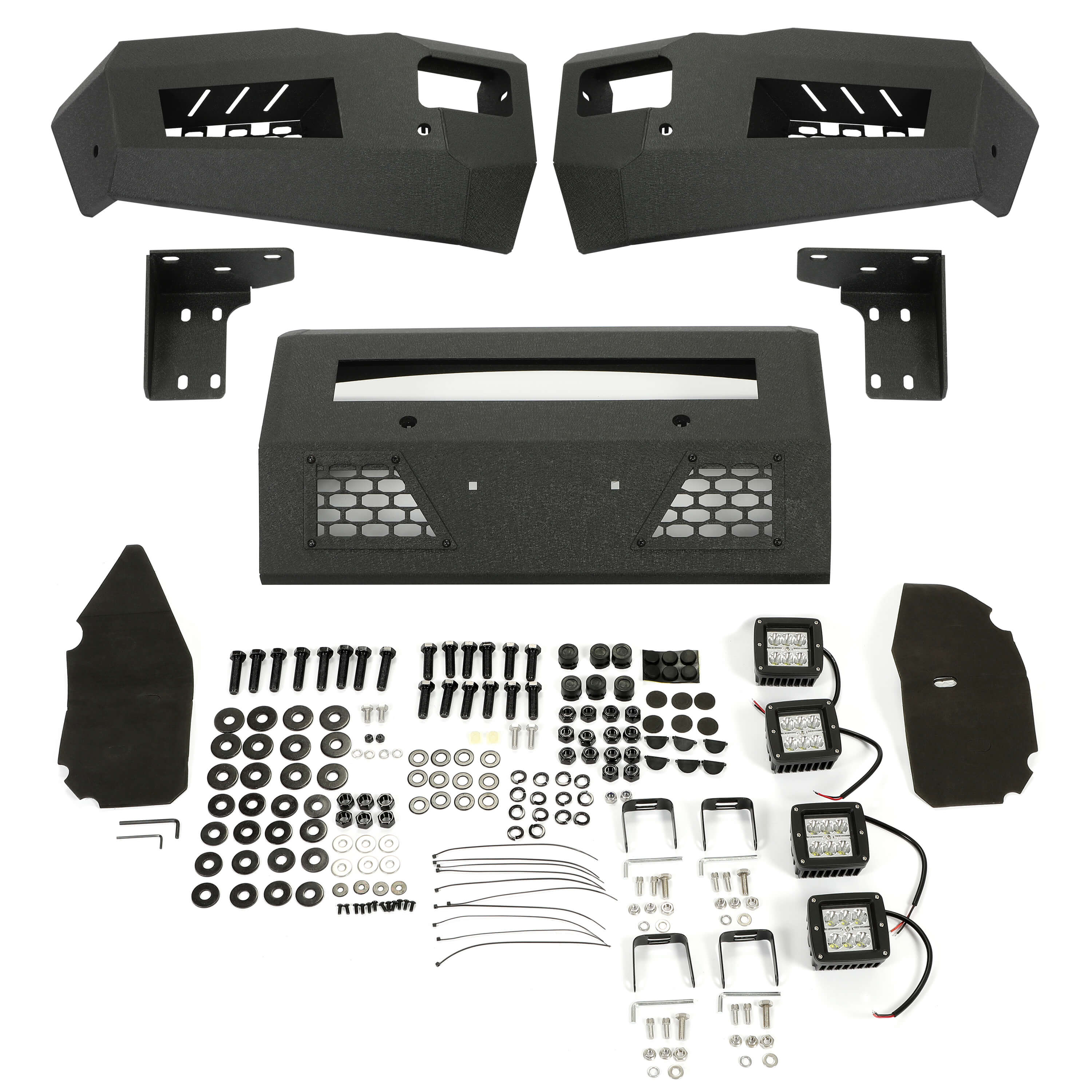 MR.GOP-Front Bumper Off-road 3-Piece Modular Compatible with 2010-2018 Dodge Ram 2500 3500 with 4 LED Lights Powder Coated Steel Textured Black