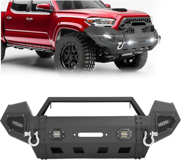 MR GOP-Front Bumper Assembly Compatible with 2016-2023 Toyota Tacoma 3rd Gen w/LED Light & D-ring & Winch Plate 3PCs Steel Powder Coated Black - 2Packages