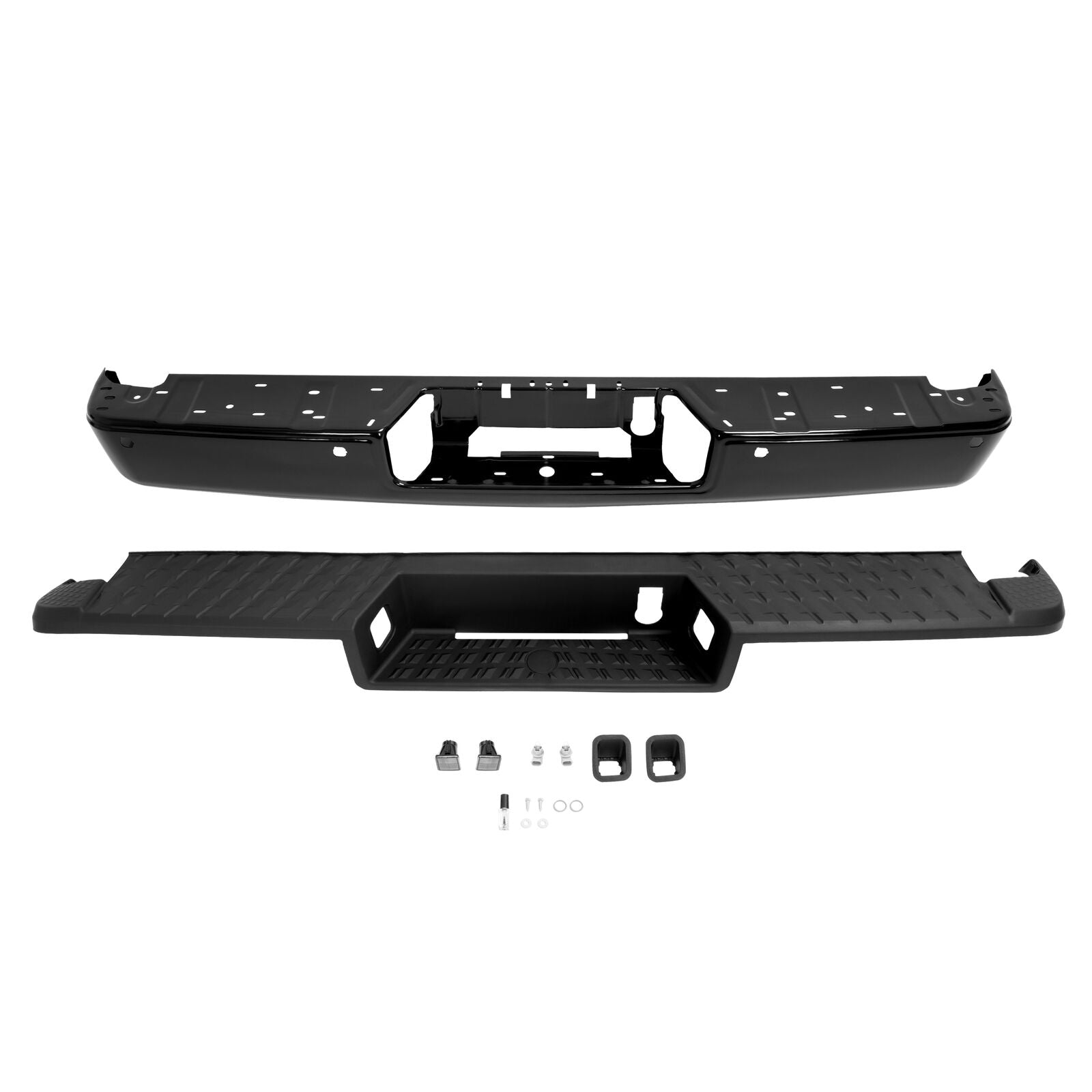 MR.GOP-Rear Step Bumper Assembly Compatible with 2016-2020 Nissan Titan/Titan XD NI1103132 85030EZ50A With Sensor Holes & License Plate Light Powder Coated Black