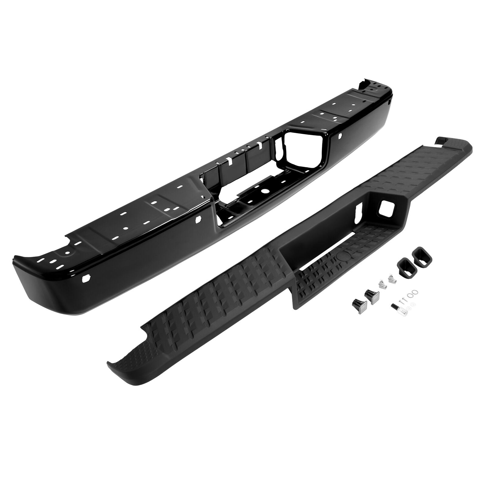 MR.GOP-Rear Step Bumper Assembly Compatible with 2016-2020 Nissan Titan/Titan XD NI1103132 85030EZ50A With Sensor Holes & License Plate Light Powder Coated Black