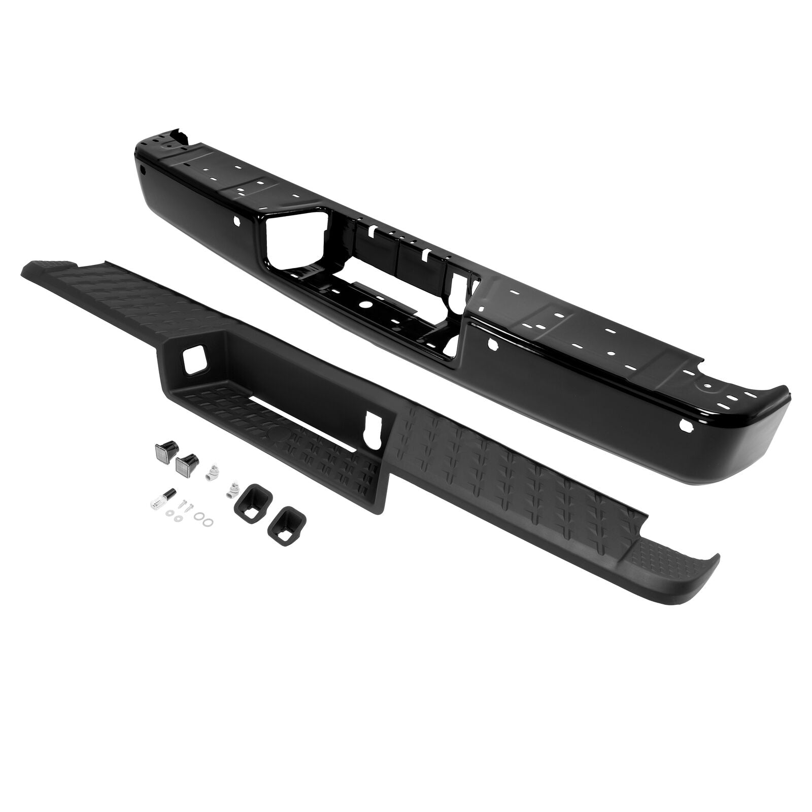 MR.GOP-Rear Step Bumper Assembly Compatible with 2016-2020 Nissan Titan/Titan XD NI1103132 85030EZ50A With Sensor Holes & License Plate Light Powder Coated Black