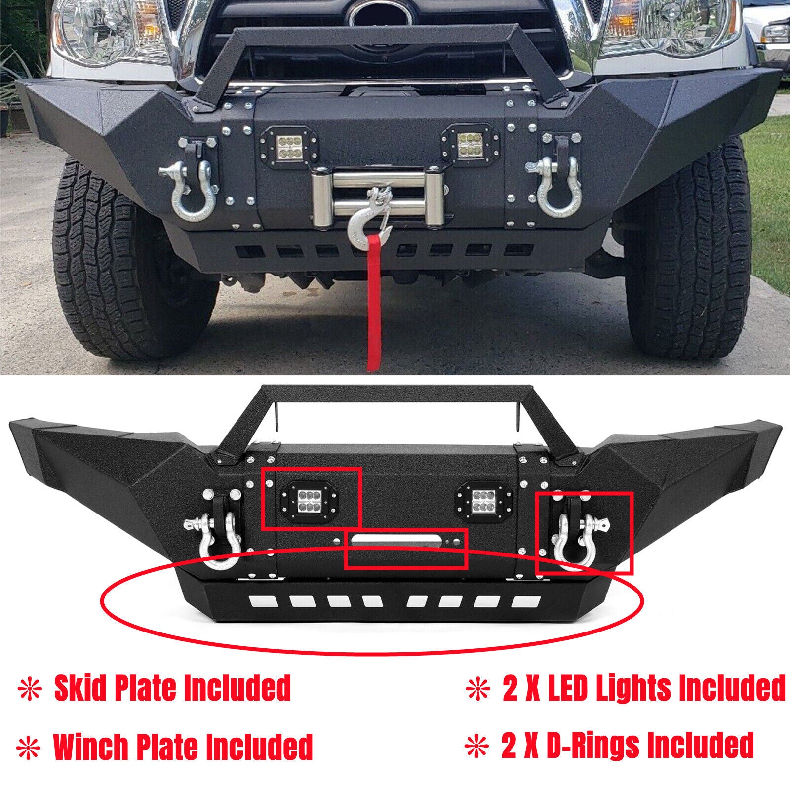 MR.GOP-Front Bumper Pickup For Tacoma 2005-2015 w/ LED Lights + Winch Plate + D-Rings