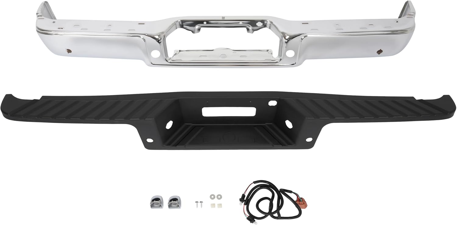 MR.GOP-Rear Step Bumper Assembly Compatible with 2006-2008 Ford F150 Lincoln Mark LT With Parking Sensor Holes Replacement for FO1103142 FO1103138 Chrome Silvery+Black
