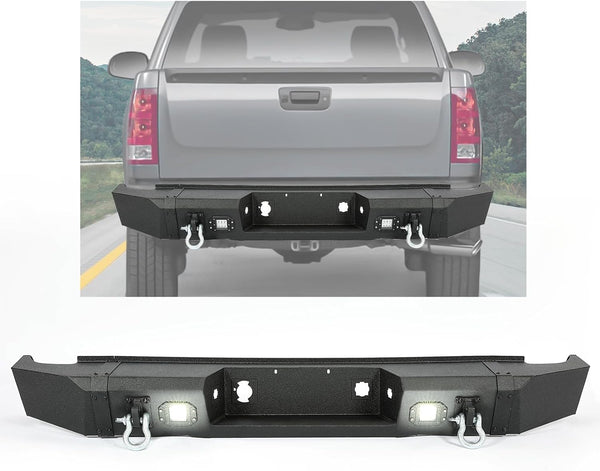 MR.GOP-Rear Bumper Compatible with 2007-2013 Chevy Chevrolet Silverado GMC Sierra 1500 W/2 LED Lights D-rings Powder Coated Steel Black