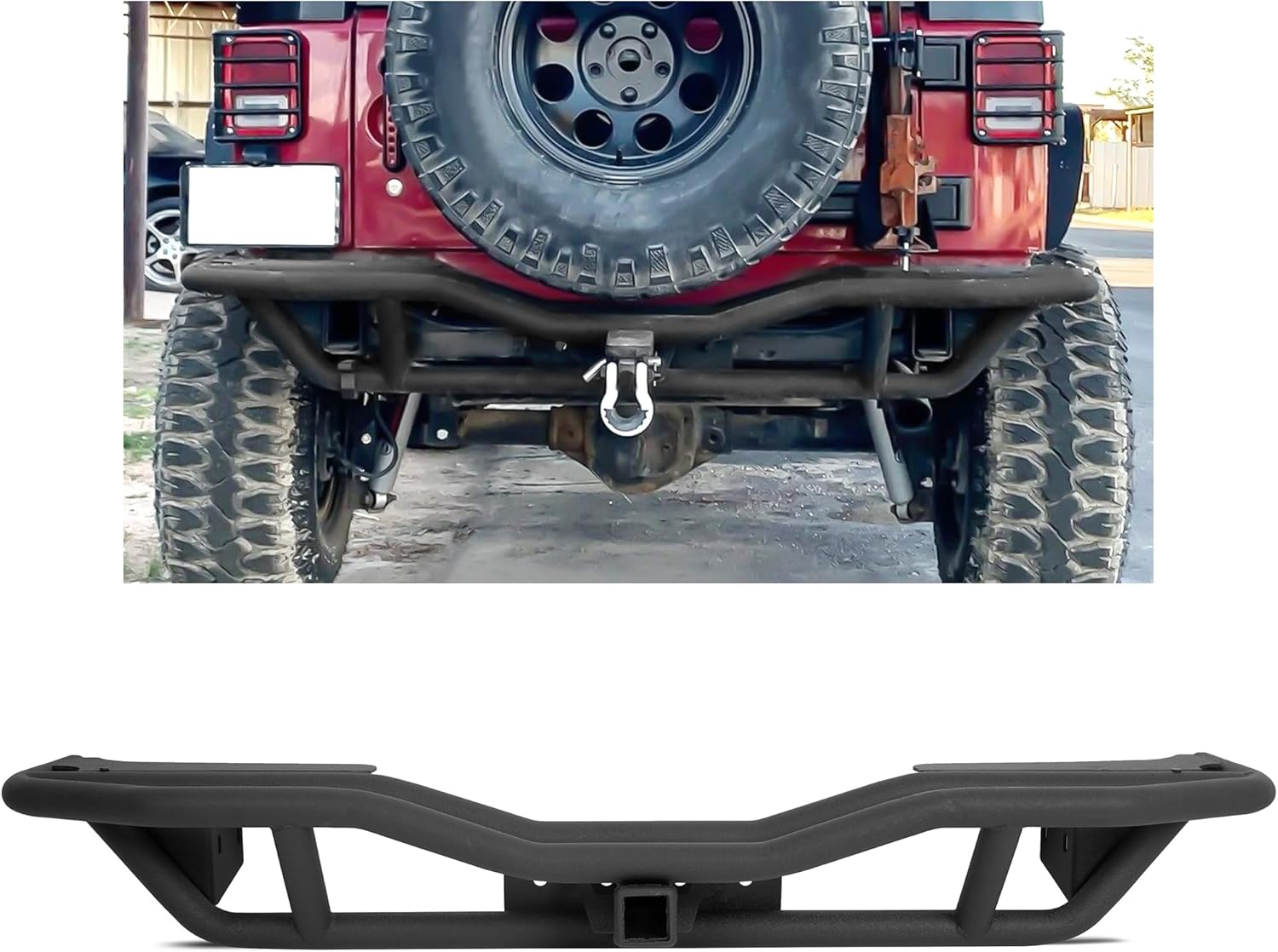 MR.GOP-Tubular Rear Bumper Compatible with 2007-2018 Jeep Wrangler JK W/ 2inches Hitch Receiver Steel Rock Crawler Textured Black