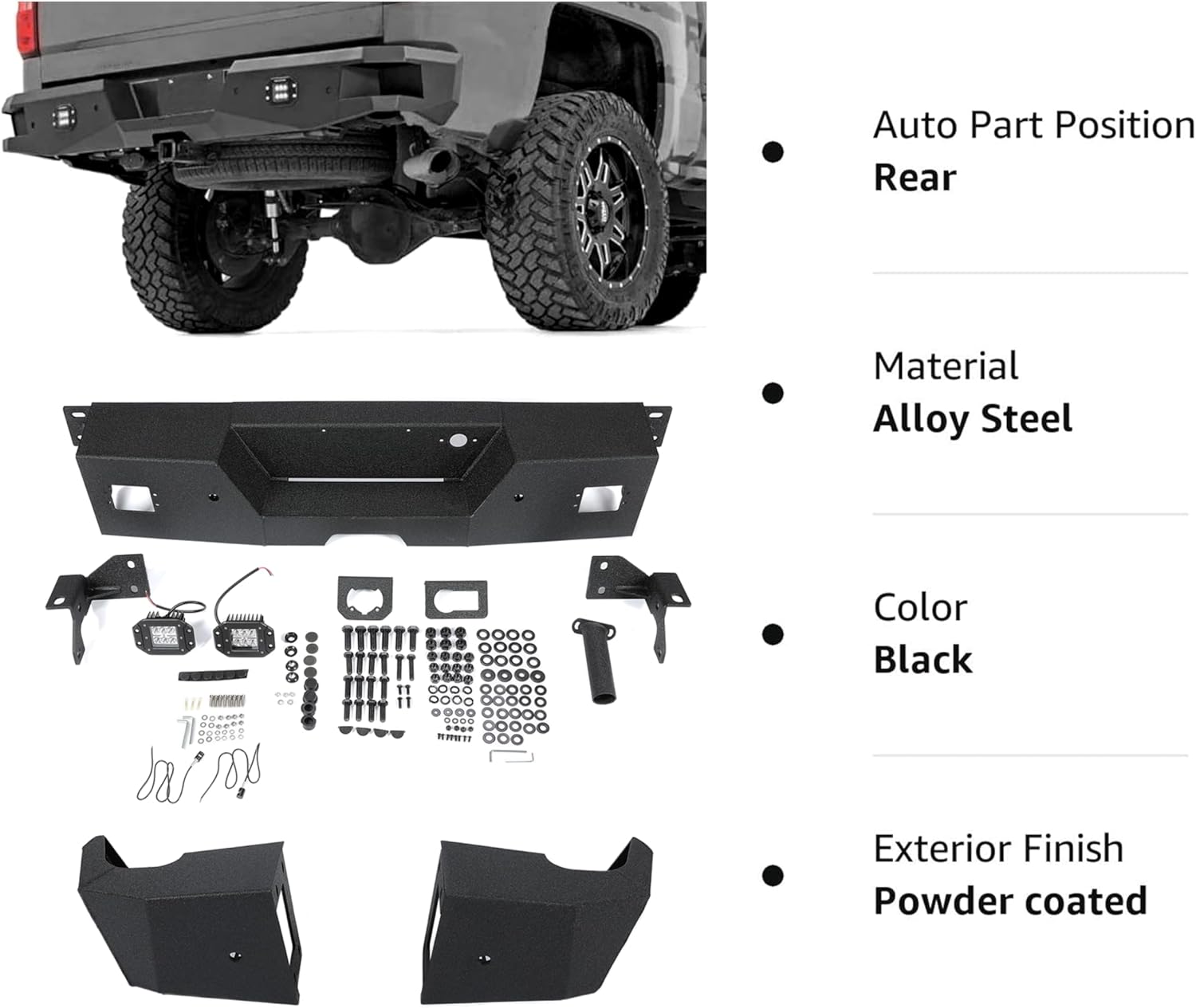 MR.GOP - Parachoques trasero todoterreno de acero resistente compatible con Chevy Chevrolet Silverado GMC Sierra 1500 2007-2018 con 2 luces LED de 18 W, incluye instrucciones (3 piezas) 