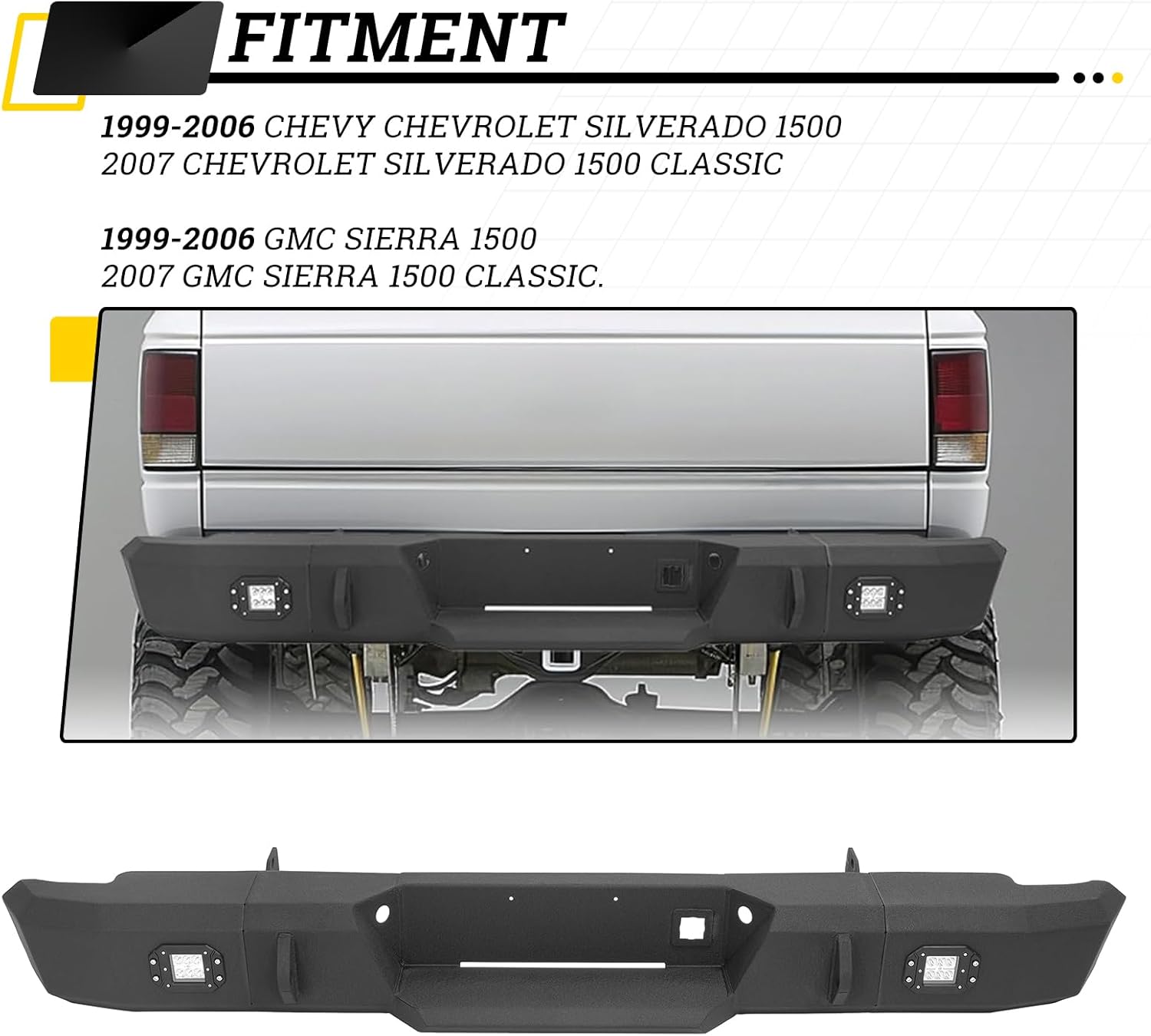 MR GOP-Rear Bumper Compatible with 1999-2007 Chevy Chevrolet Silverado & GMC Sierra 1500 With LED Lights Steel Powder Coated Black