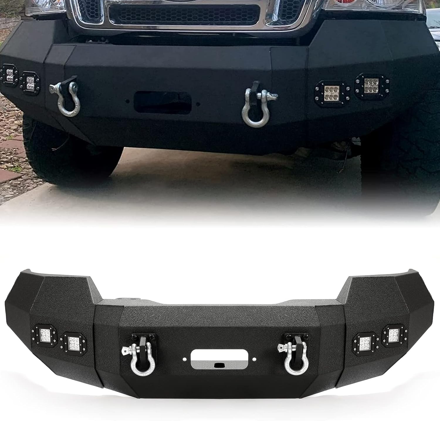 MR.GOP - Parachoques delantero compatible con Ford F150 2004-2008 con luces LED, anillos en D, placa de cabrestante, conjunto de parachoques todoterreno de 3 piezas, acero recubierto de polvo negro - 2 paquetes 