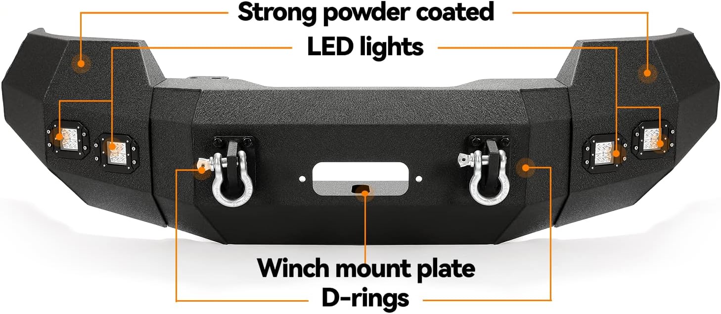 MR.GOP - Parachoques delantero compatible con Ford F150 2004-2008 con luces LED, anillos en D, placa de cabrestante, conjunto de parachoques todoterreno de 3 piezas, acero recubierto de polvo negro - 2 paquetes 