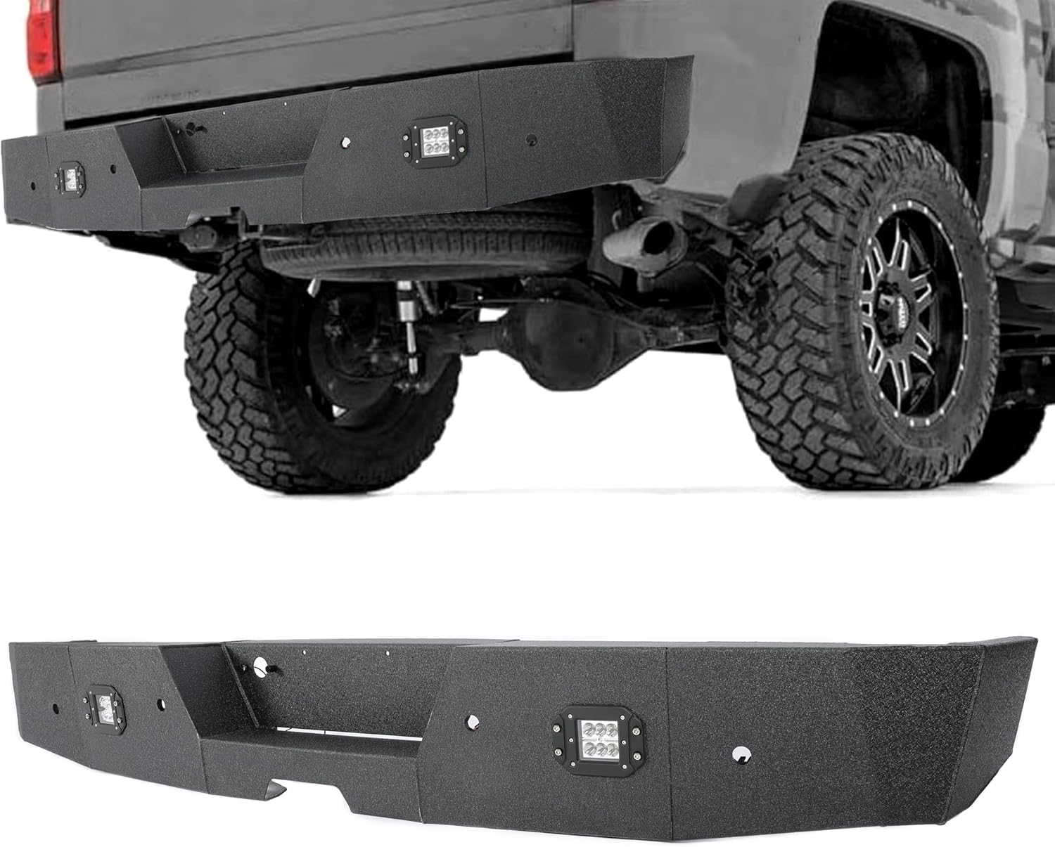 MR.GOP - Parachoques trasero todoterreno de acero resistente compatible con Chevy Chevrolet Silverado GMC Sierra 1500 2007-2018 con 2 luces LED de 18 W, incluye instrucciones (3 piezas) 