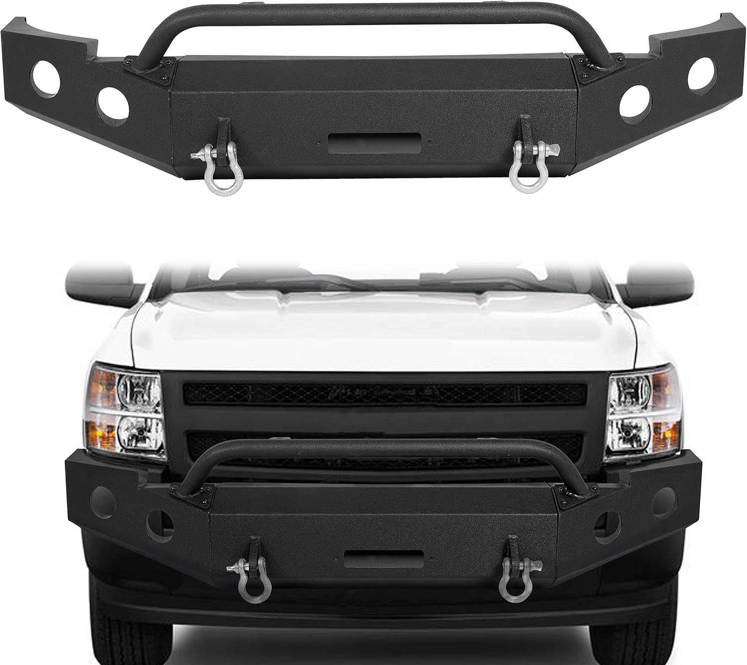 MR.GOP - Parachoques delantero compatible con Chevy Silverado 1500 2007-2013 con barra de empuje, paquete modular de 3 piezas, 2 paquetes 