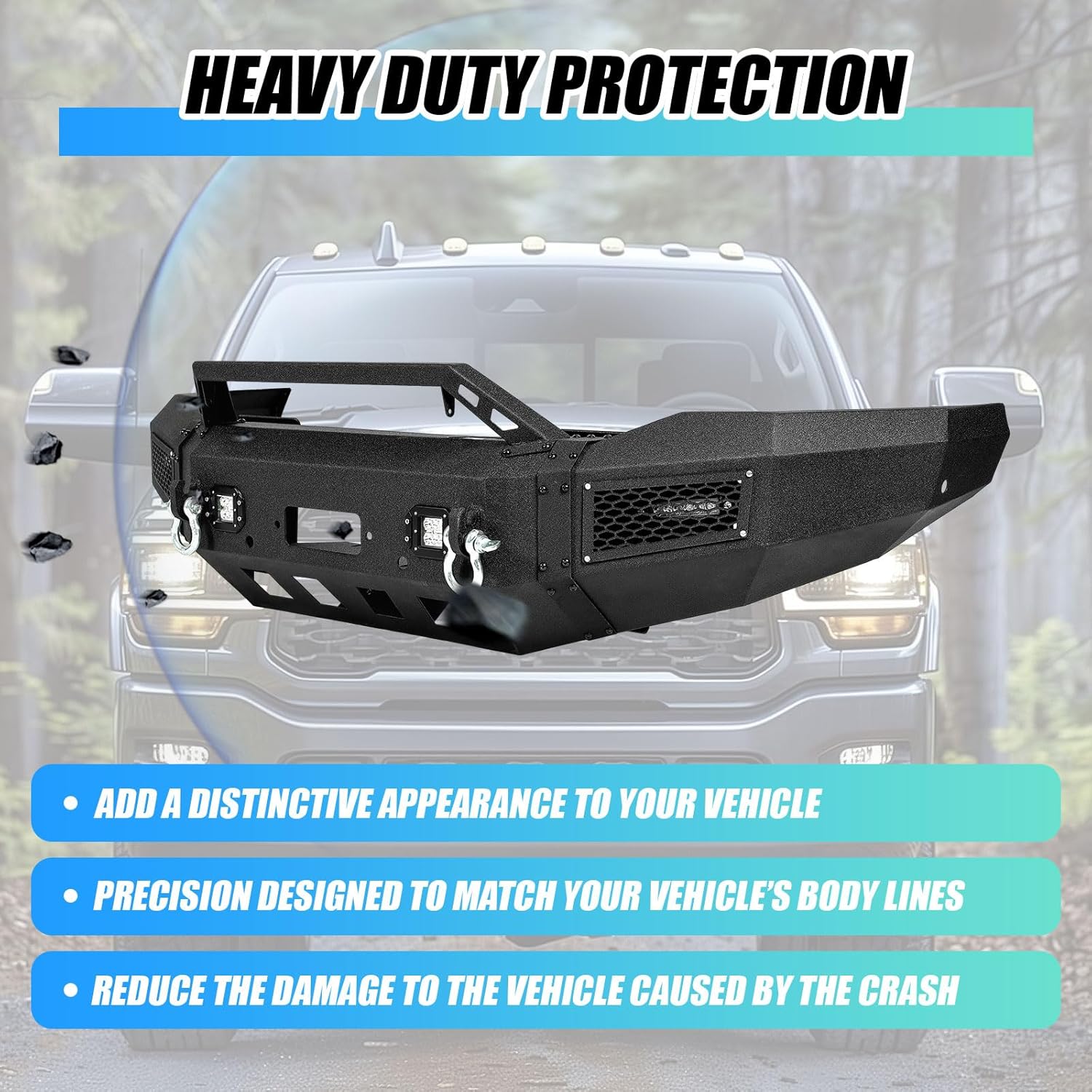 Front Bumper Assembly Compatible with 2019-2024 Dodge Ram 2500/3500 with Winch Plate, LED Lights, D-Rings and Sensor Holes Steel Powder Coated Black (2 Packages)