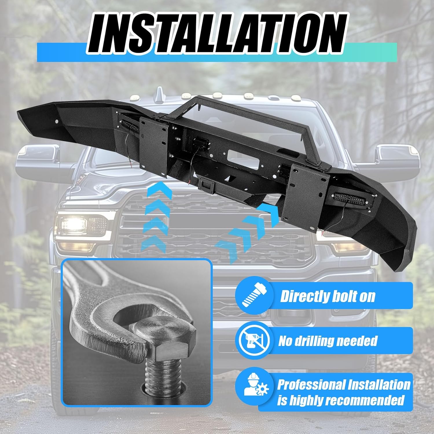 Front Bumper Assembly Compatible with 2019-2024 Dodge Ram 2500/3500 with Winch Plate, LED Lights, D-Rings and Sensor Holes Steel Powder Coated Black (2 Packages)
