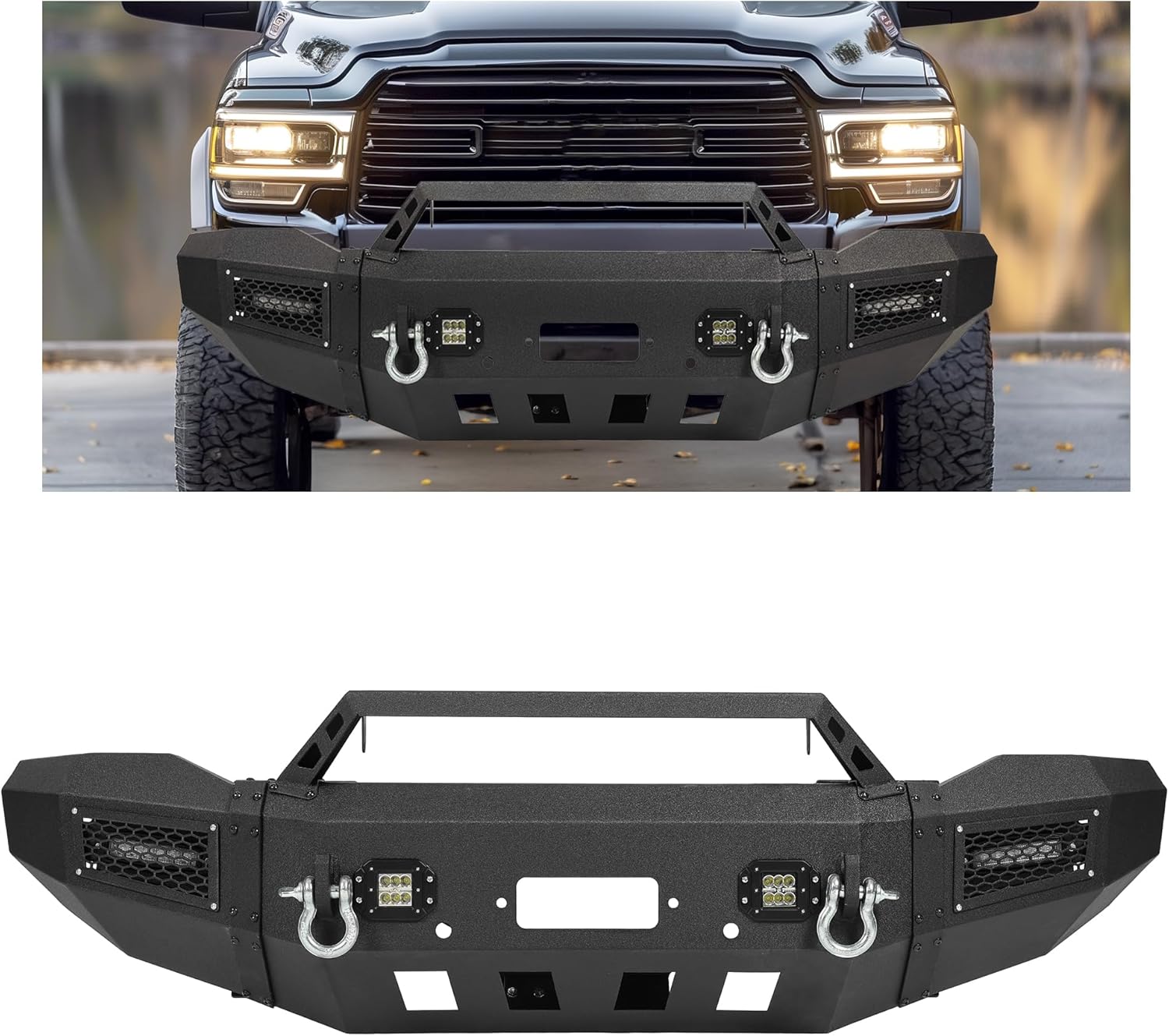 Front Bumper Assembly Compatible with 2019-2024 Dodge Ram 2500/3500 with Winch Plate, LED Lights, D-Rings and Sensor Holes Steel Powder Coated Black (2 Packages)