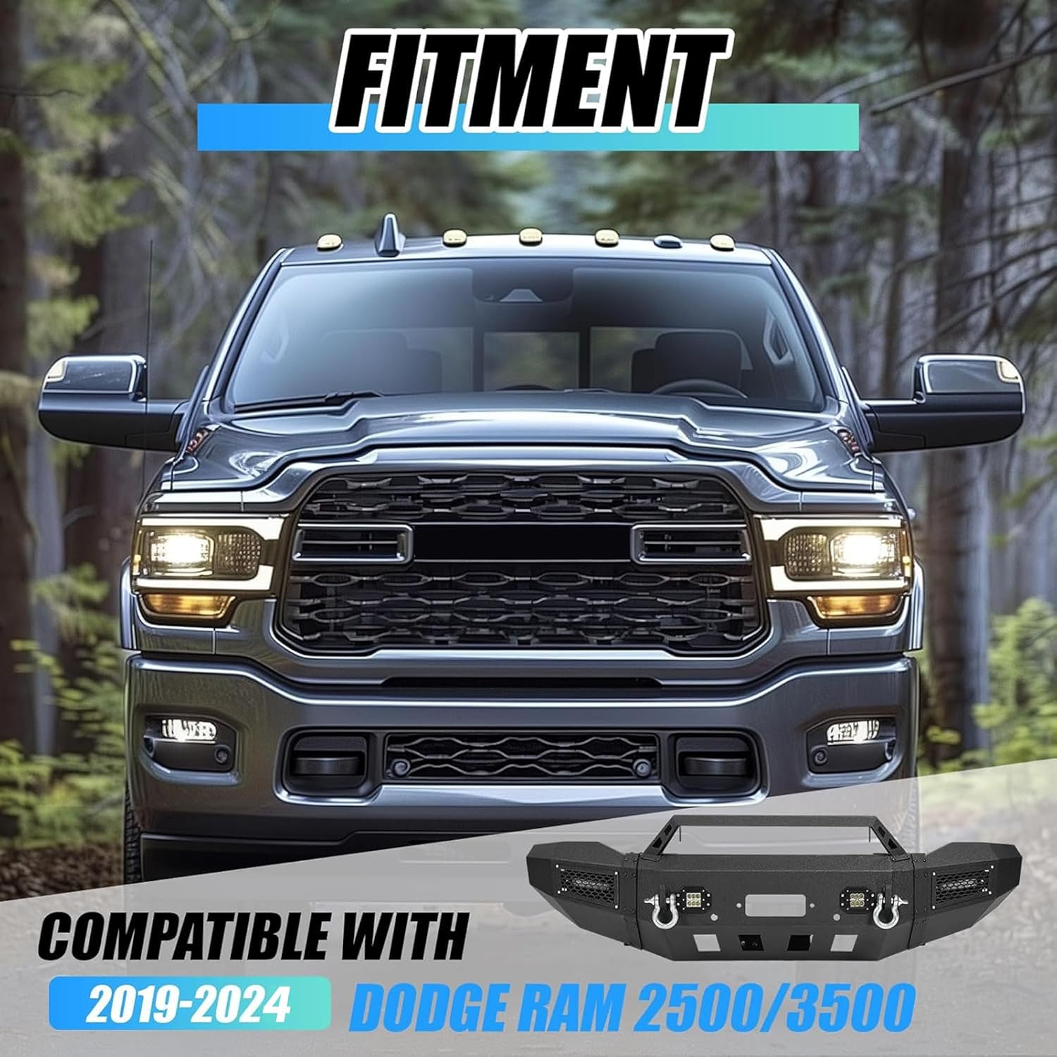 Front Bumper Assembly Compatible with 2019-2024 Dodge Ram 2500/3500 with Winch Plate, LED Lights, D-Rings and Sensor Holes Steel Powder Coated Black (2 Packages)