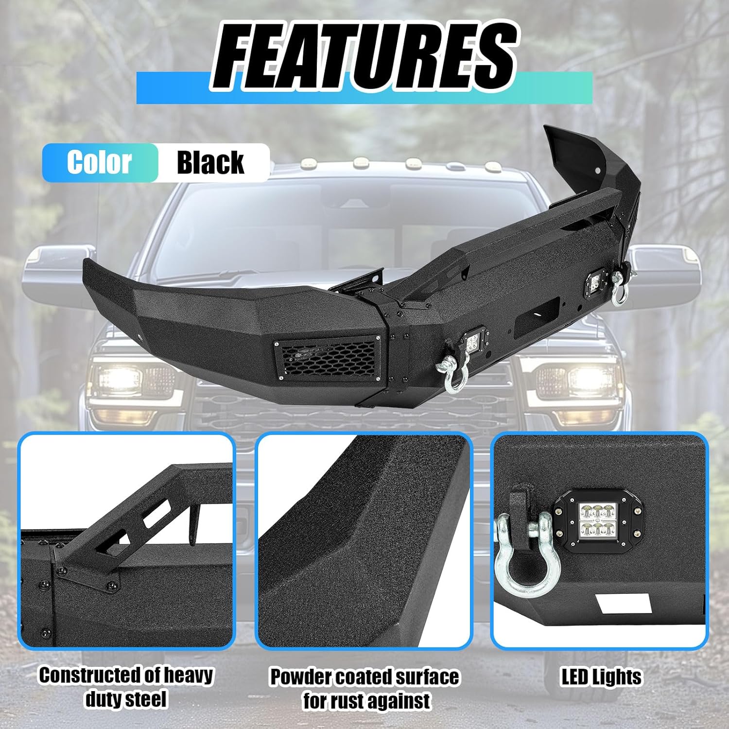 Front Bumper Assembly Compatible with 2019-2024 Dodge Ram 2500/3500 with Winch Plate, LED Lights, D-Rings and Sensor Holes Steel Powder Coated Black (2 Packages)