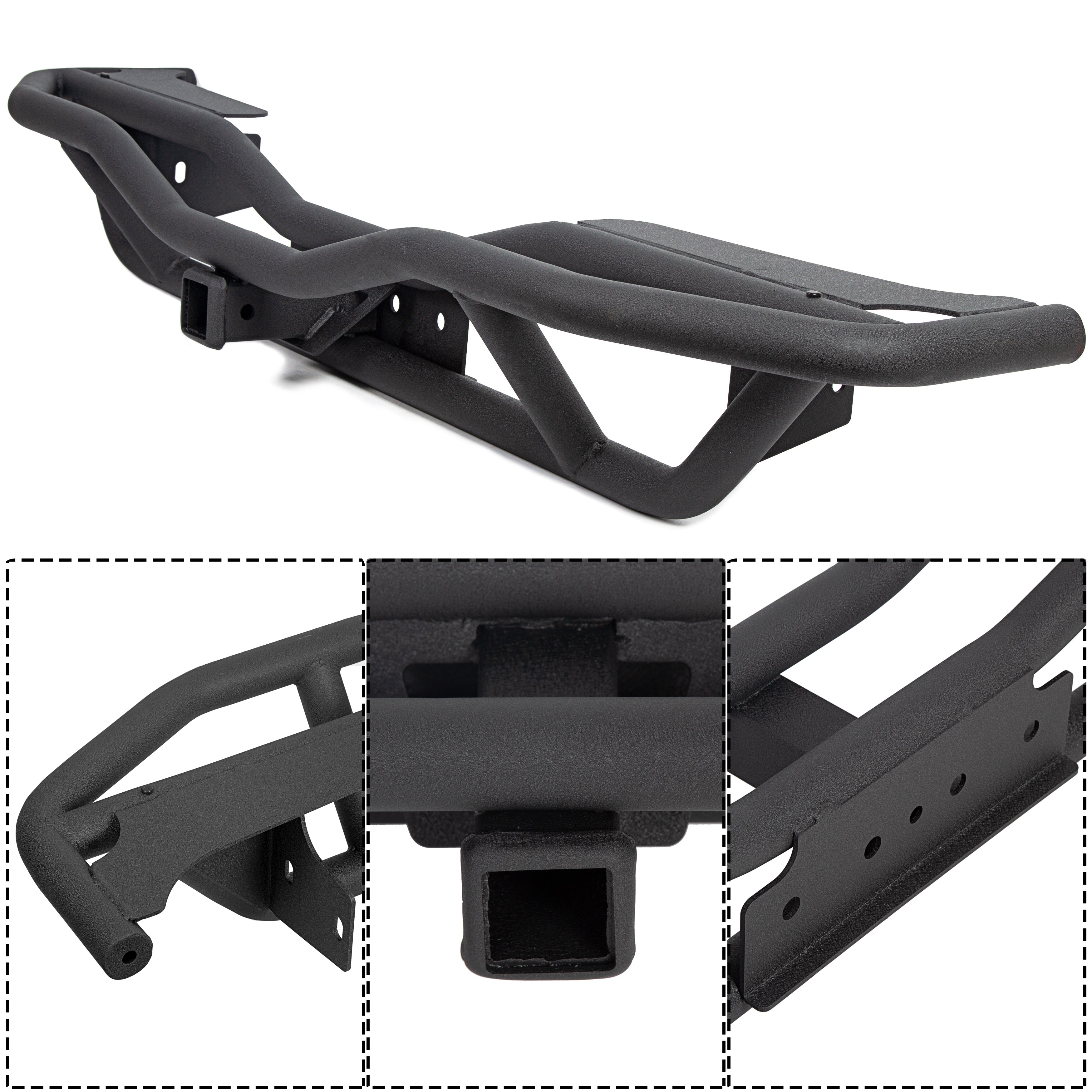 MR.GOP-Tubular Rear Bumper Compatible with 2007-2018 Jeep Wrangler JK W/ 2inches Hitch Receiver Steel Rock Crawler Textured Black