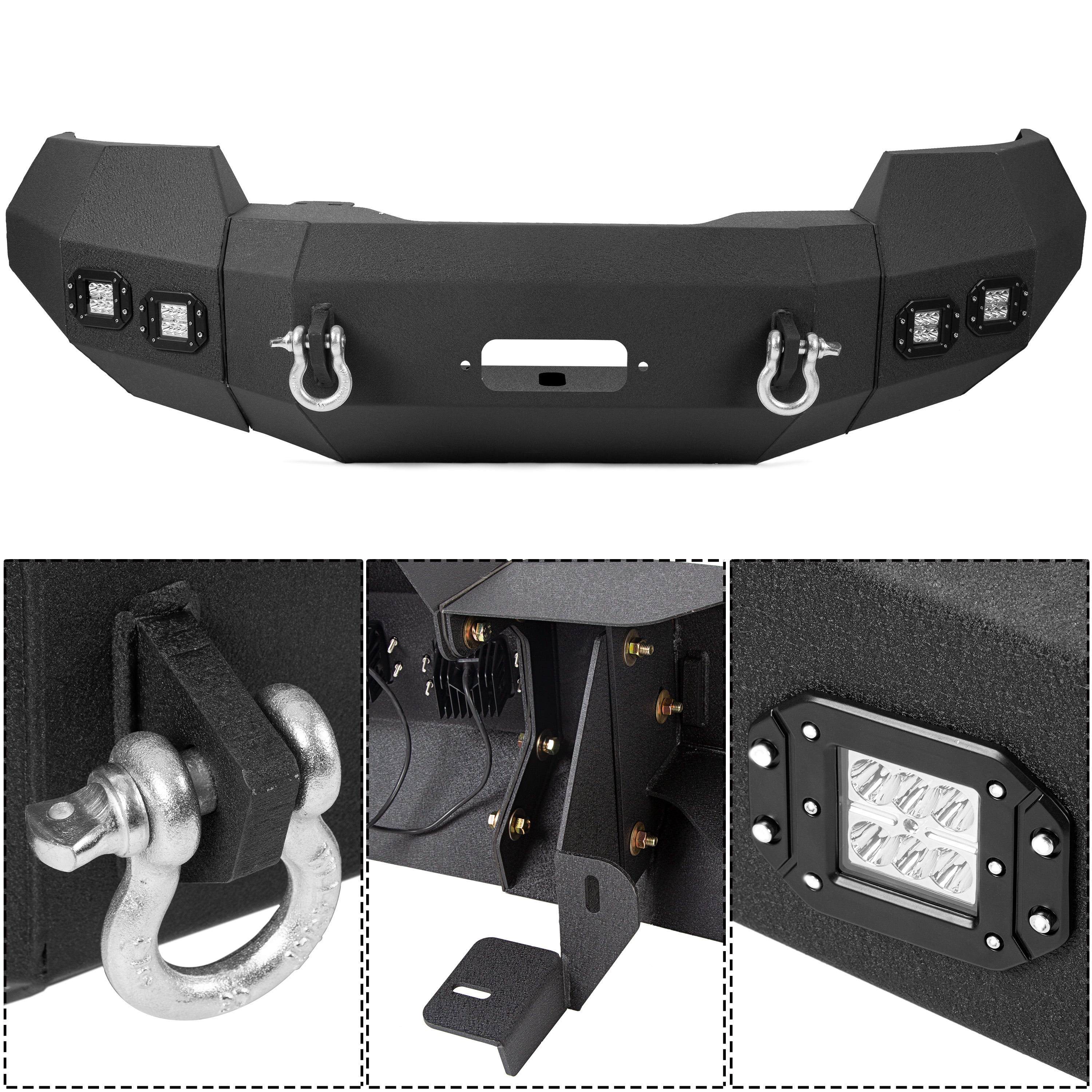 MR.GOP - Parachoques delantero compatible con Ford F150 2004-2008 con luces LED, anillos en D, placa de cabrestante, conjunto de parachoques todoterreno de 3 piezas, acero recubierto de polvo negro - 2 paquetes 