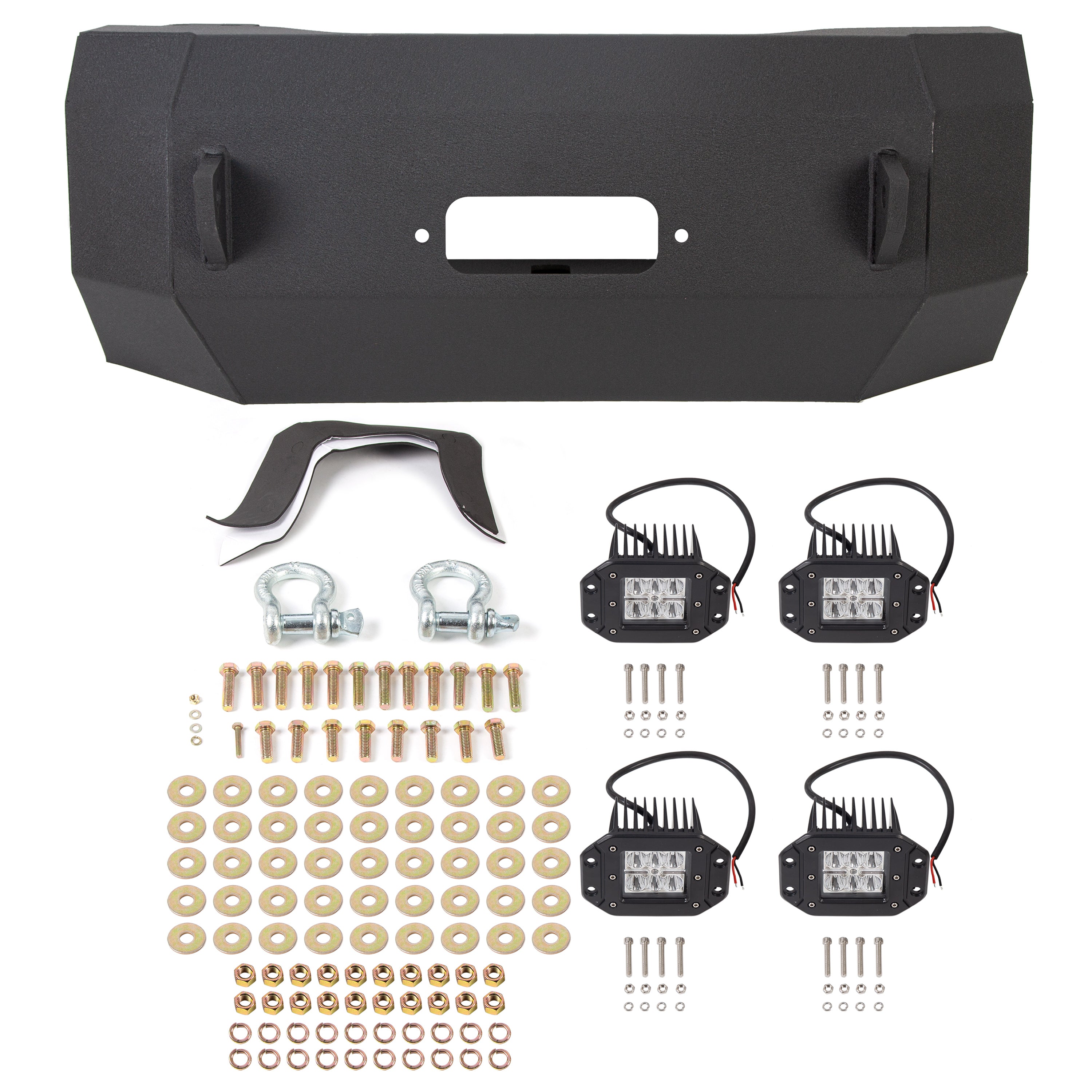 MR.GOP - Parachoques delantero compatible con Ford F150 2004-2008 con luces LED, anillos en D, placa de cabrestante, conjunto de parachoques todoterreno de 3 piezas, acero recubierto de polvo negro - 2 paquetes 