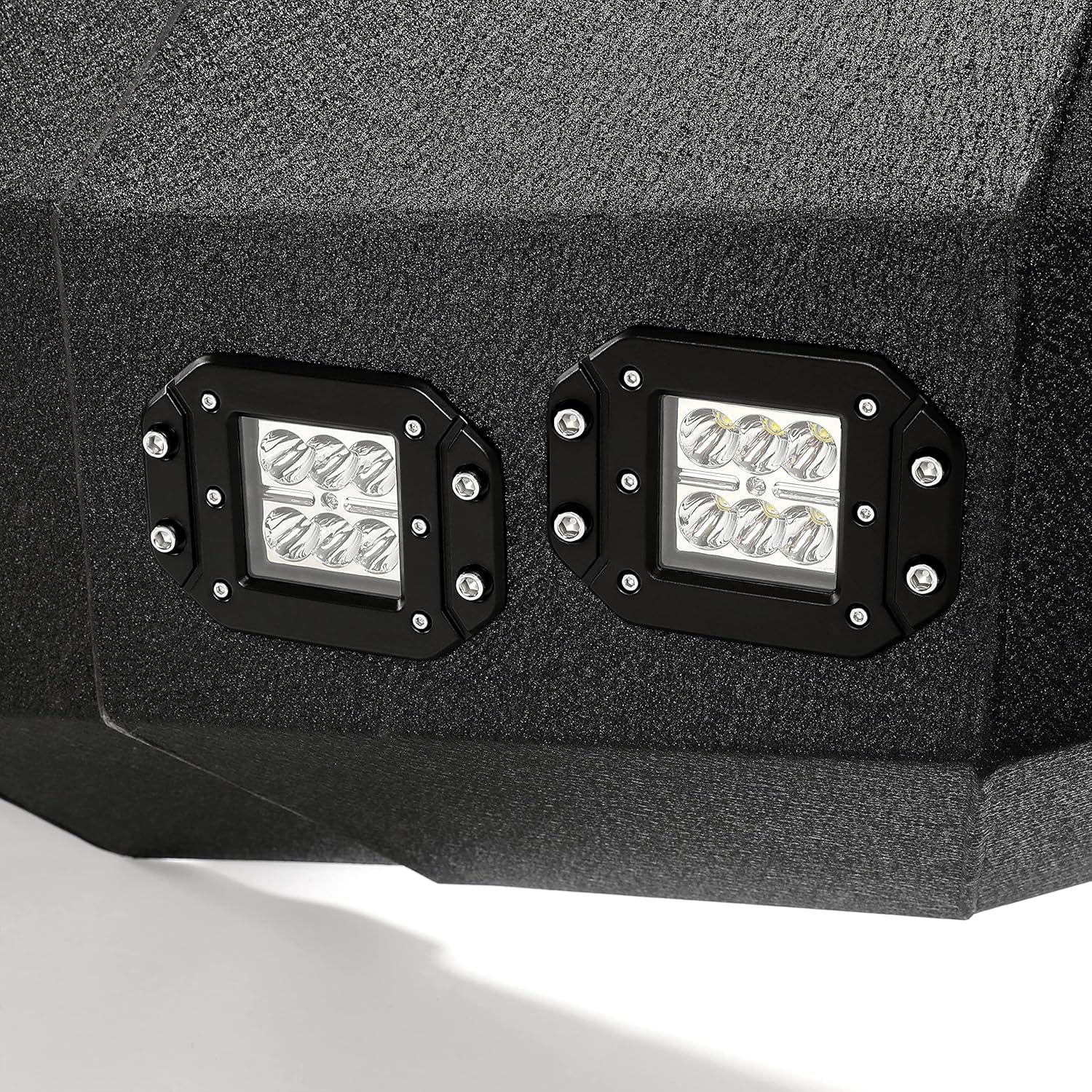 MR.GOP - Parachoques delantero compatible con Ford F150 2004-2008 con luces LED, anillos en D, placa de cabrestante, conjunto de parachoques todoterreno de 3 piezas, acero recubierto de polvo negro - 2 paquetes 