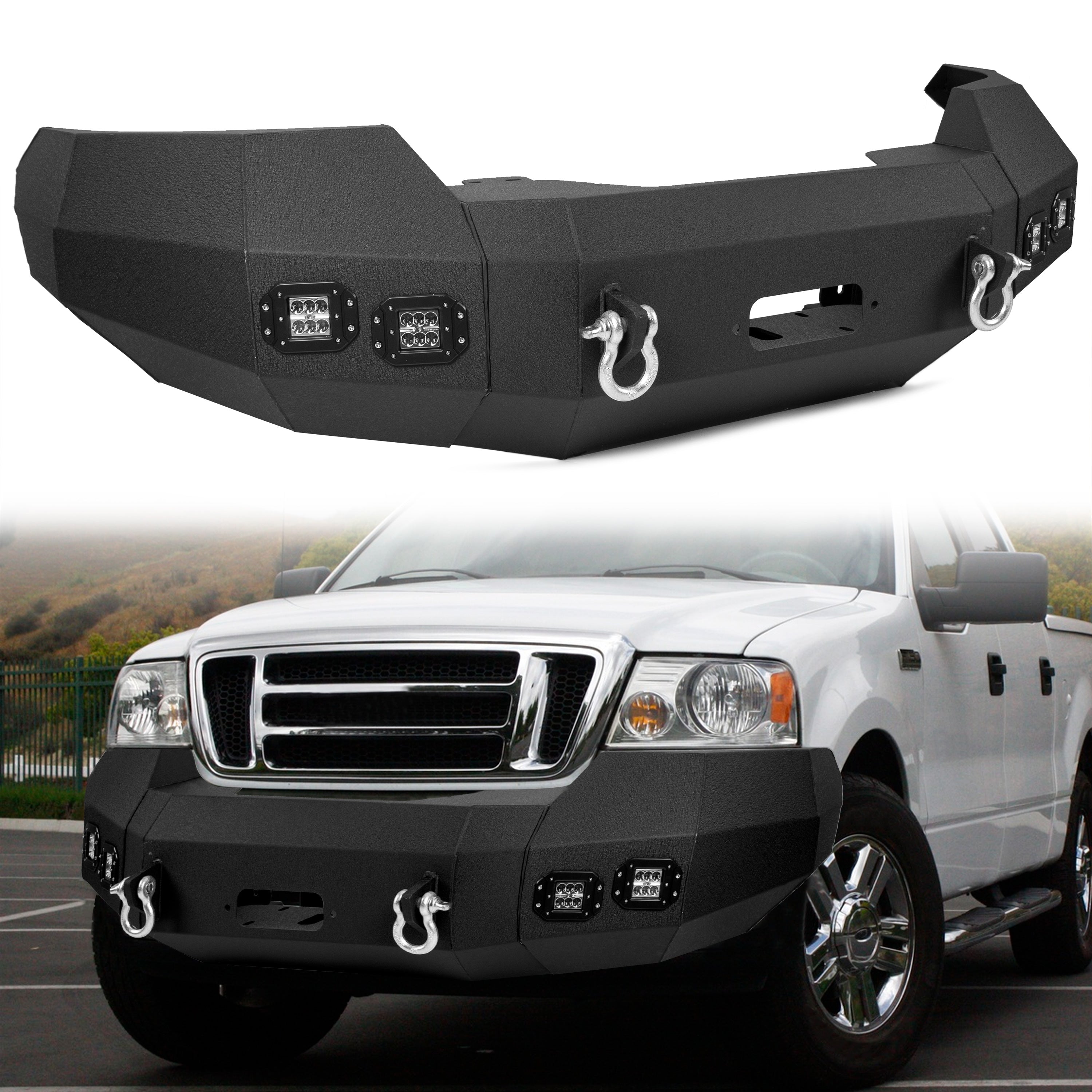 MR.GOP - Parachoques delantero compatible con Ford F150 2004-2008 con luces LED, anillos en D, placa de cabrestante, conjunto de parachoques todoterreno de 3 piezas, acero recubierto de polvo negro - 2 paquetes 