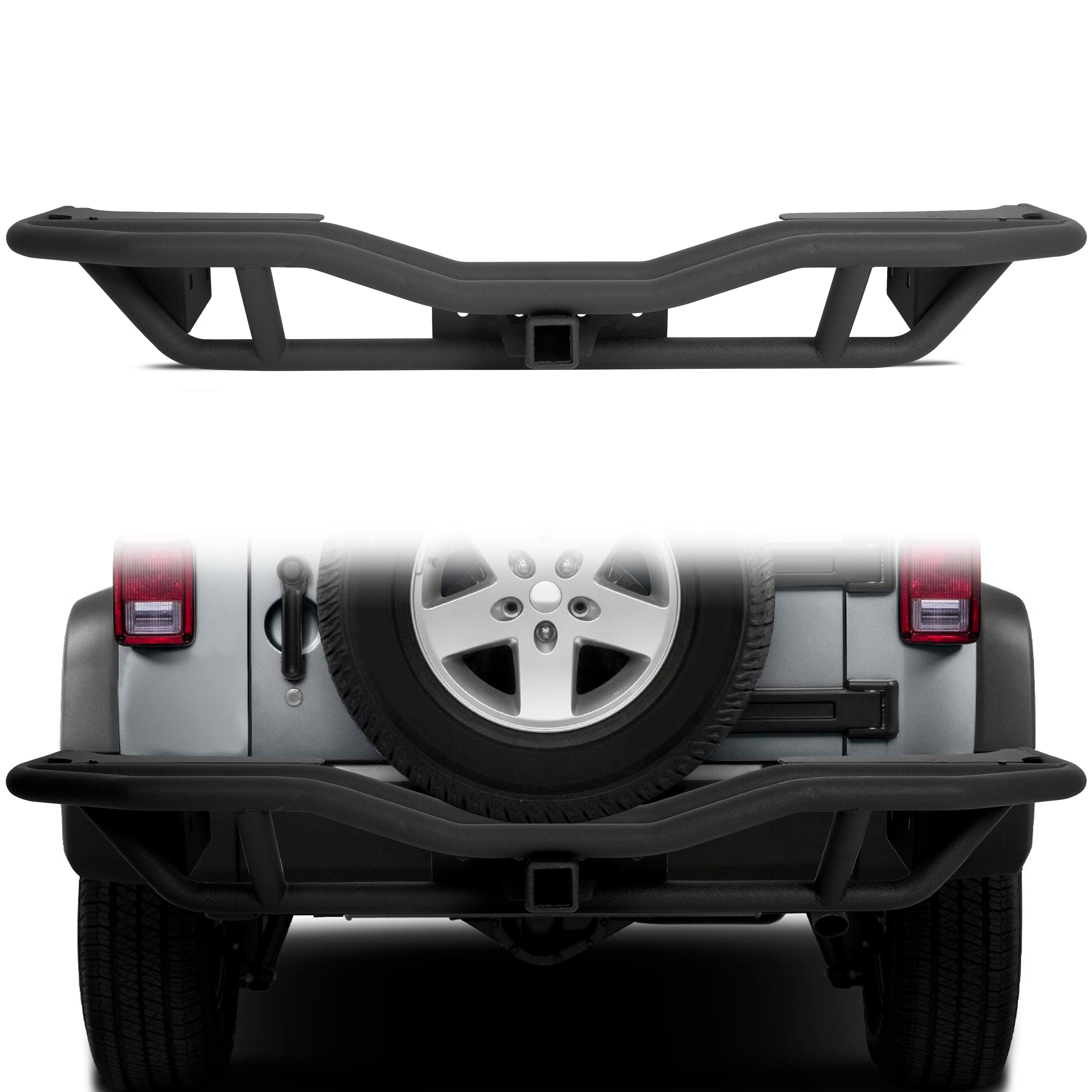 MR.GOP-Tubular Rear Bumper Compatible with 2007-2018 Jeep Wrangler JK W/ 2inches Hitch Receiver Steel Rock Crawler Textured Black