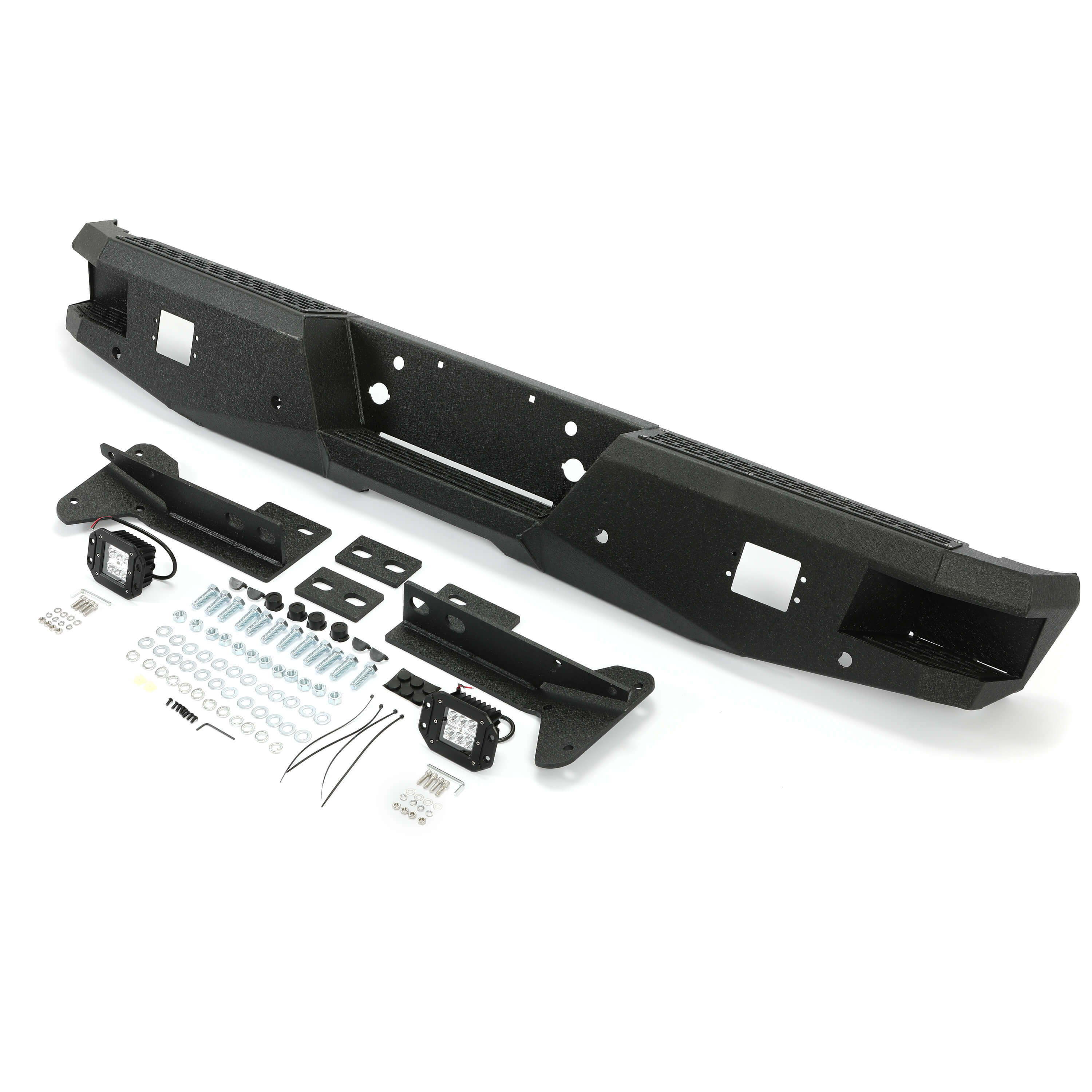 Parachoques trasero todoterreno MR.GOP compatible con Ford Super Duty F250 F350 1999-2016 con 2 luces LED de acero recubierto en polvo 